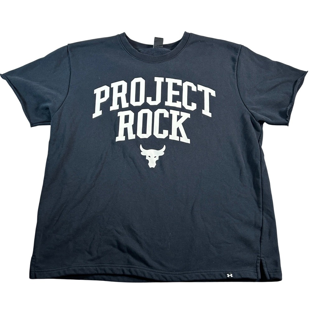 Under Armour Project Rock Short Sleeve Sweatshirt Men XXL Black Brahma Bull Logo